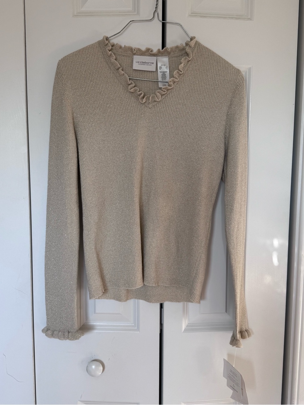 Liz Claiborne Cream Ruffle-Trim V-Neck Sweater